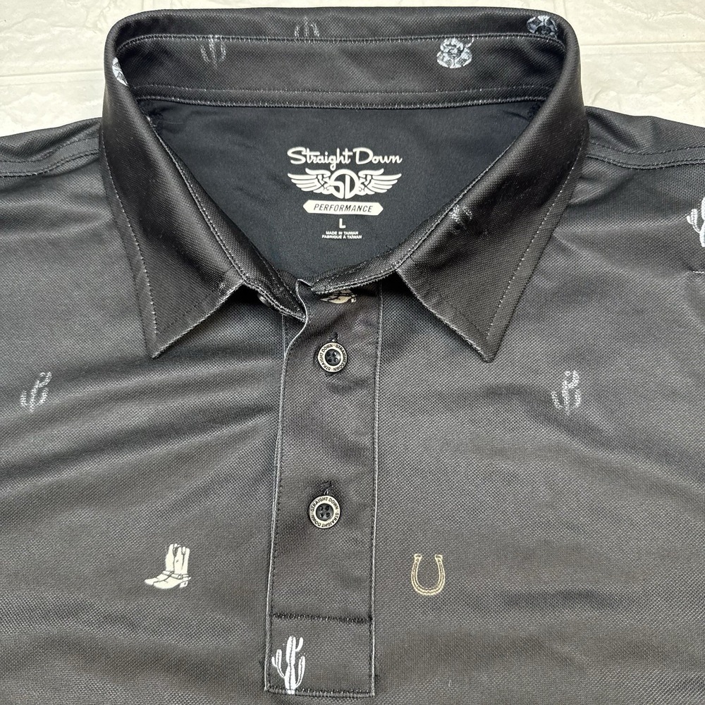 Straight Down Performance Men Large Polo Black Hideaway Golf Club Logo Sleeve
